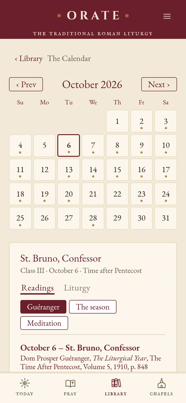 The Calendar for October 2026, with St. Bruno selected and links to Guéranger, the season and the meditation.