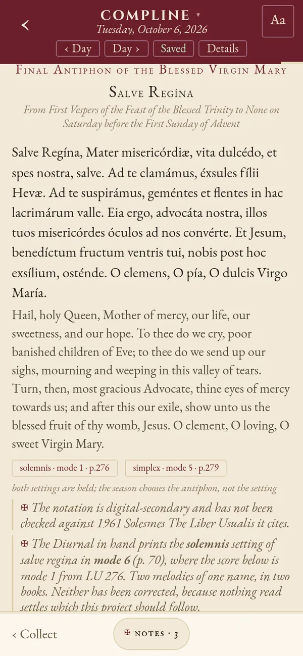 Compline ending with the Salve Regina in Latin and English, with a choice of solemn or simple tone.