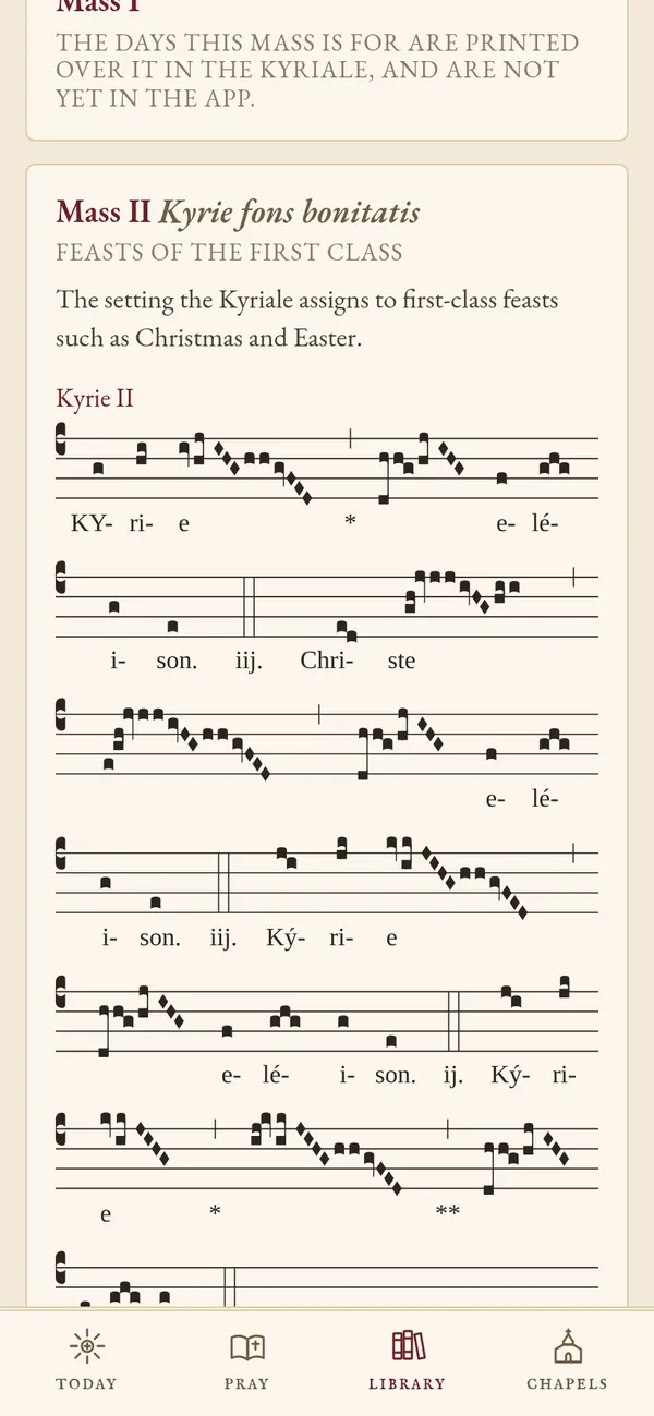 The Kyriale: Mass II, Kyrie fons bonitatis, for feasts of the first class, with the Kyrie in Gregorian notation.