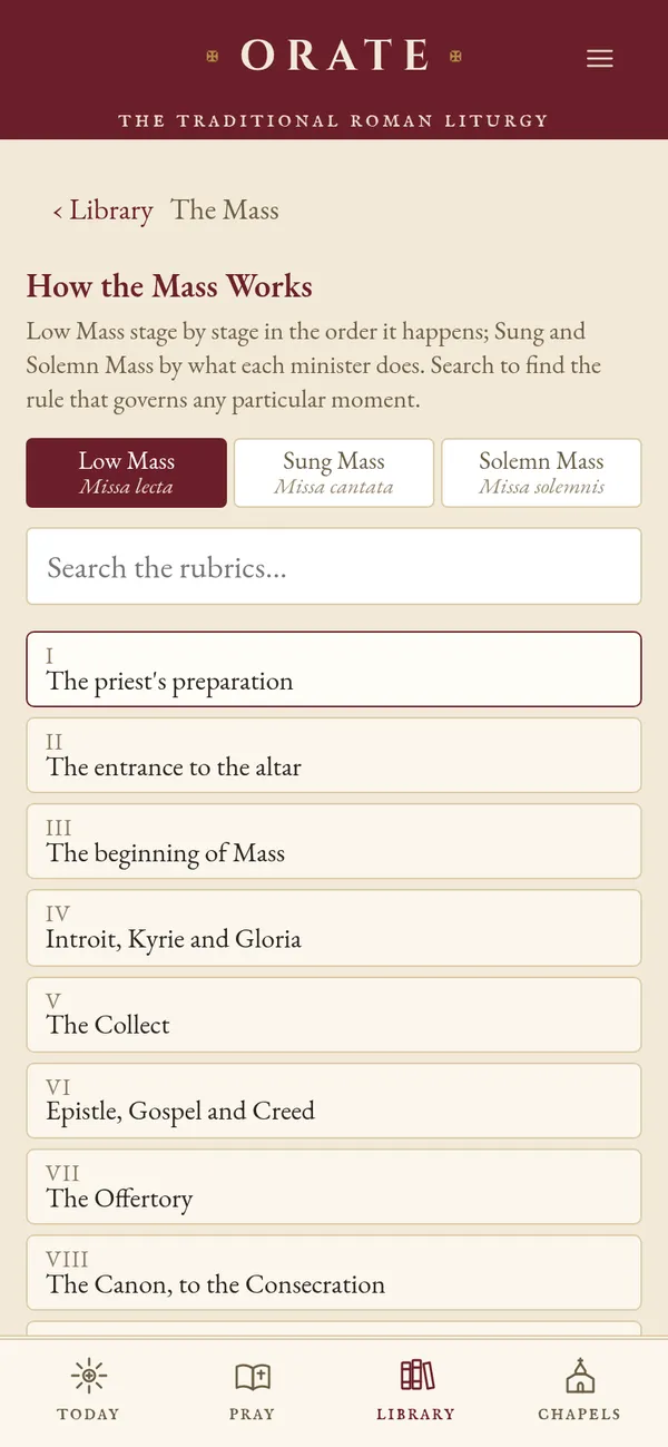 How the Mass Works: tabs for Low, Sung and Solemn Mass, a rubric search, and numbered parts beginning with the priest’s preparation.