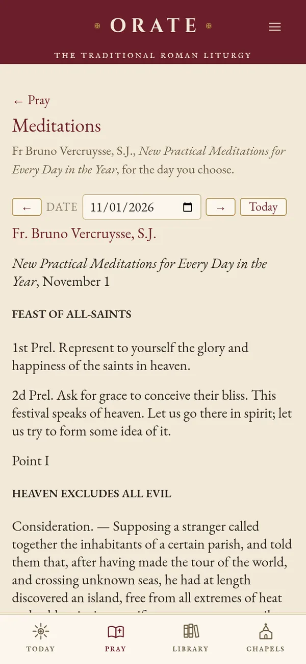 Meditation for the Feast of All Saints from Fr. Vercruysse: the preludes and first point, Heaven excludes all evil.