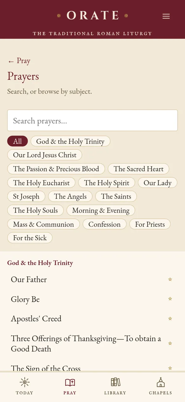 Prayers: a search field and subjects from God and the Holy Trinity to For the Sick.