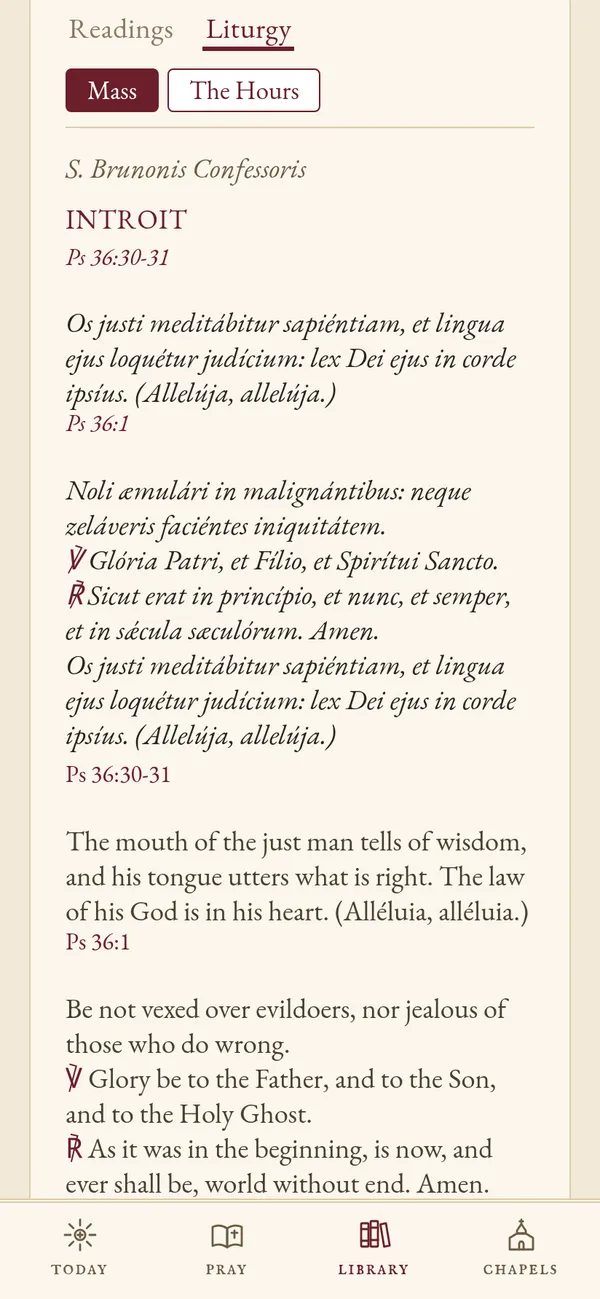 The Mass of St. Bruno: the Introit Os justi in Latin, followed by the English.