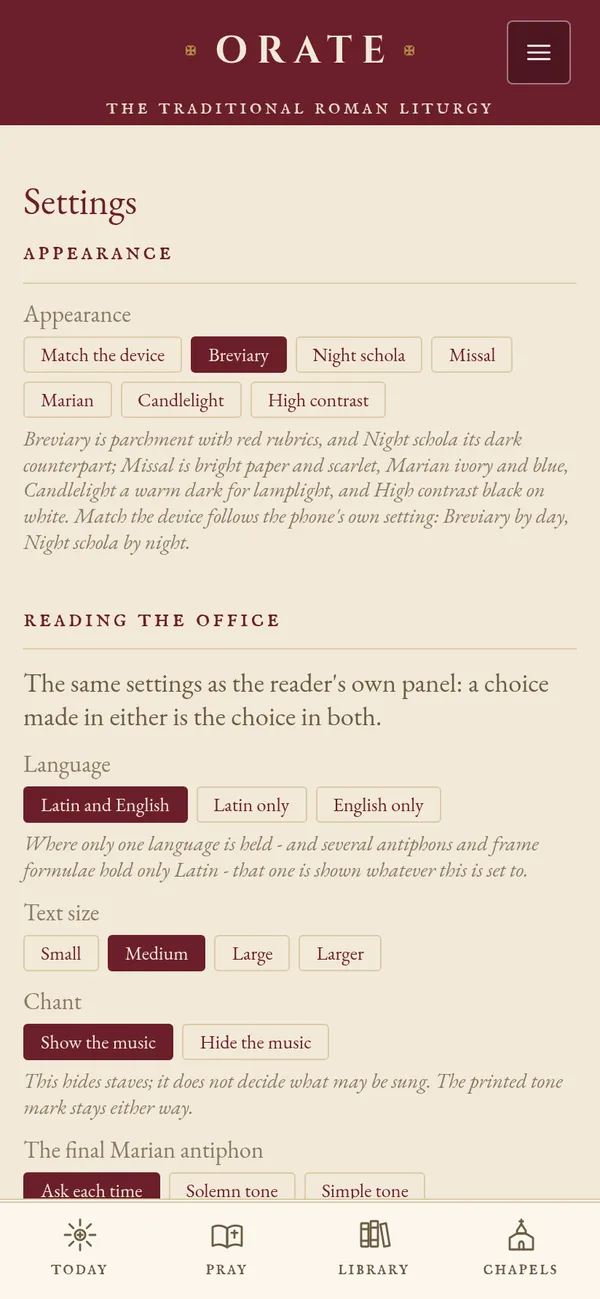 Settings: appearance themes, language, text size, chant and the final Marian antiphon.