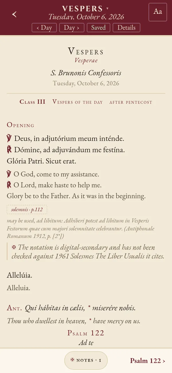 The opening of Vespers: Deus in adjutorium, with the English, and the first antiphon.